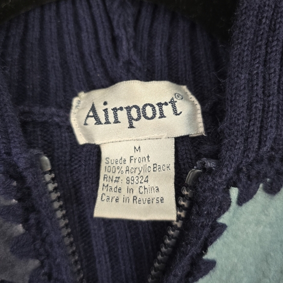 Vintage Airport Blue Suede Patchwork Knit Long Cardigan Medium - Picture 2 of 11